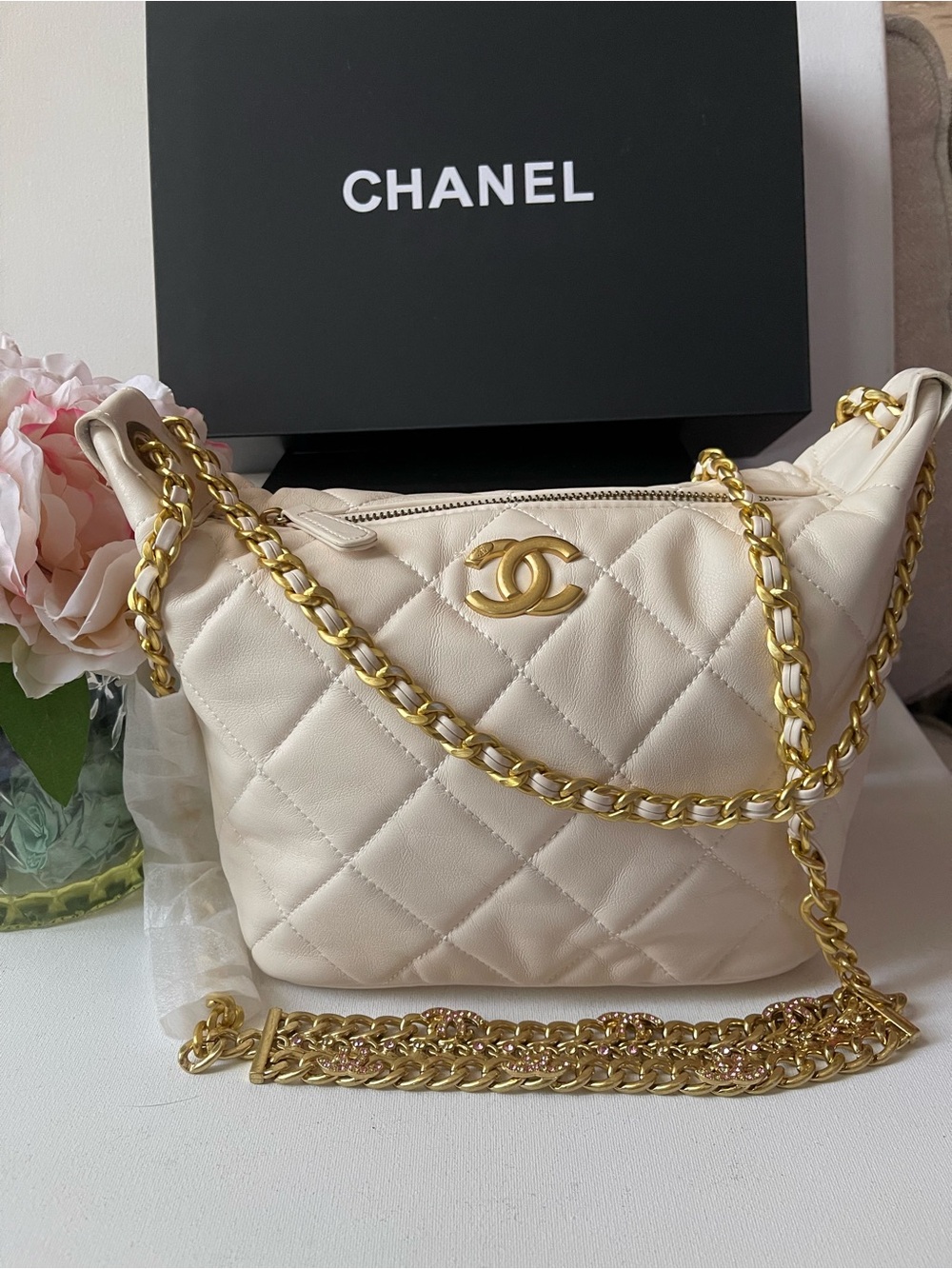 New VIP Cream Quilted Bag with Gold Chain Accent.